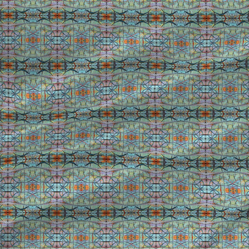 Gambol abstract geometric fabric with aqua and teal horizontal bands, rust accents, charcoal circular linework, and lavender textured details.