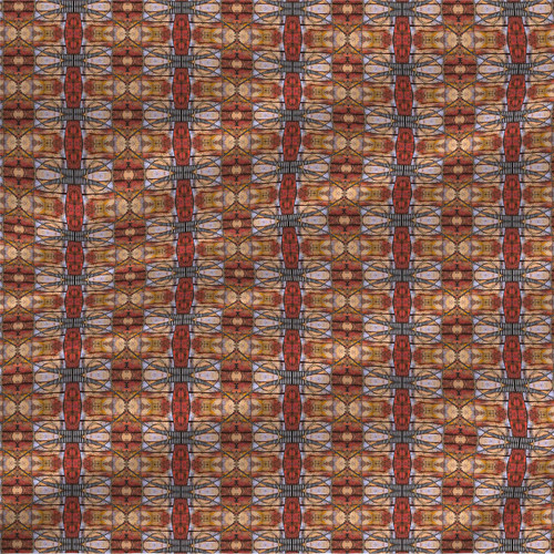 Segment abstract geometric fabric with rust, ochre, taupe, charcoal, and slate mirrored artwork with graphic striped line accents
