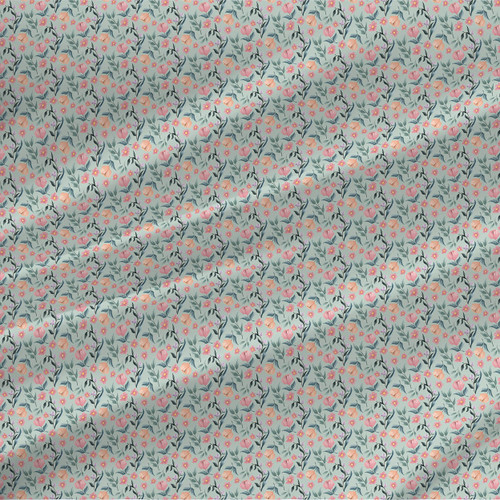 Whispering Petals Sunlit Garden floral fabric with pink and peach blossoms, cool green foliage, and tiny scattered flowers on a warm light background