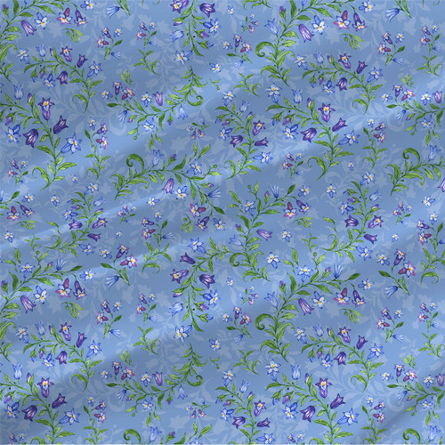 Bellbloom Sky floral vine fabric with blue and purple bellflowers, green scrolling vines, and small star flowers on a blue background
