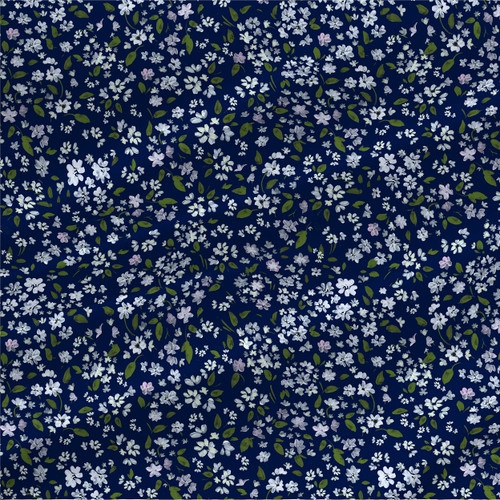 Daisyland Navy small floral fabric with white daisies, soft lavender blossoms, and green leaves on a deep navy background
