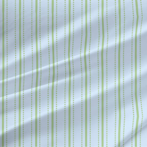 Dotty Sky dotted stripe fabric with pale blue background, green vertical stripes, and green dot rows