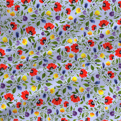 Meadowlyn Sky floral vine fabric with red poppy-style flowers, yellow blossoms, purple accents, and green vines on a pale blue background