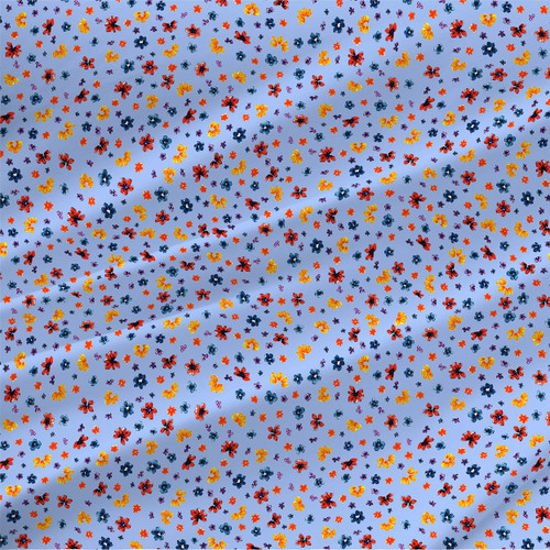 Sunnydew Sky ditsy floral fabric with red, yellow, blue, and purple scattered flowers on a pale sky blue background