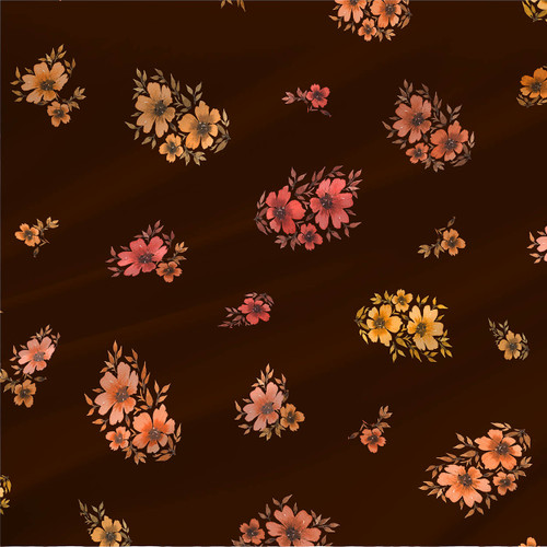 Bloomy fabric in Chocolate with peach, coral, and golden watercolor floral clusters on a deep brown background