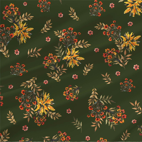 Bronzebloom fabric in Denim with warm orange flowers, golden leaves, and painterly botanical sprigs on a deep blue background