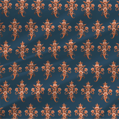 Emberly fabric in Peacock with copper orange floral damask motifs on a deep peacock blue background