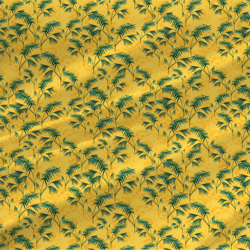 Ember Palmeri tropical palm fabric with deep teal palm fronds on a mustard yellow background