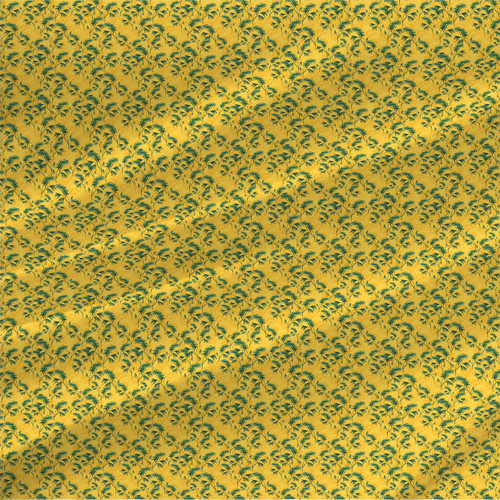 Ember Palmeri Mini tropical palm fabric with deep teal palm fronds on a mustard yellow background