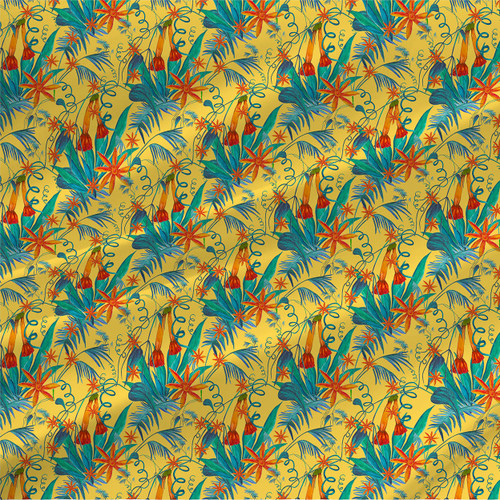 Botanical Capsularis tropical floral fabric with teal leaves, orange blossoms, red-gold buds, and vines on a mustard yellow background