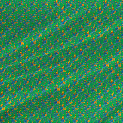 Botanical Capsularis Mini fabric with orange flowers, red buds, blue-green leaves, and vines on an emerald green background