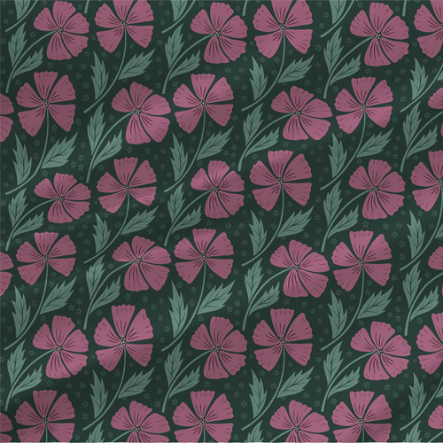 Awakening Carnations floral fabric with mauve pink carnations and green leaves on a dark green background