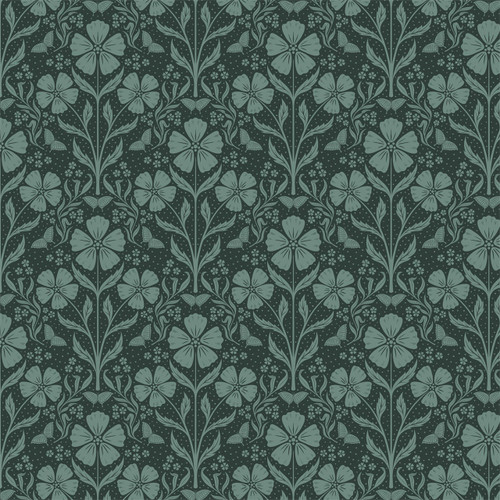 Awakening Flowers Damask fabric in Dark Green with tonal green flowers, vines, butterflies, and small blossoms