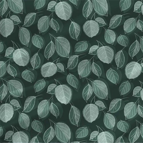 Awakening Leaves fabric in Dark Green with layered green botanical leaves on a deep green background