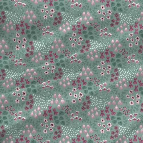 Awakening Meadow fabric in Sage Green with pink, mauve, and white garden flowers on a soft green background
