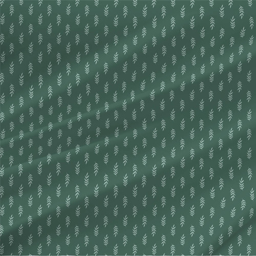 Awakening Simple Leaves Green fabric with small pale mint leaf sprigs on a deep green background