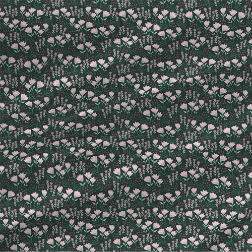 Awakening Tiny Flowers Green fabric with soft pink flowers and green leaves on a muted green background