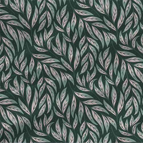 Awakening Trailing Leaves Dark Green fabric with mint and blush botanical leaves on a deep green background