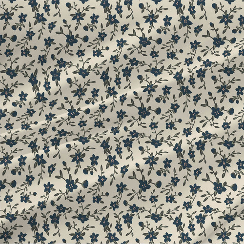 Forget Me Nots floral fabric in Indigo with deep blue flowers, dark green trailing vines, blush centers, and a light cream ground