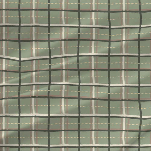 Garden Plaid fabric in Green with a sage green ground, charcoal plaid lines, cream bands, muted pink stripes, and golden dashed accents