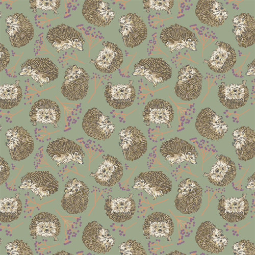 Hedgehogs in Berries animal print fabric by the yard in Green Purple colorway.