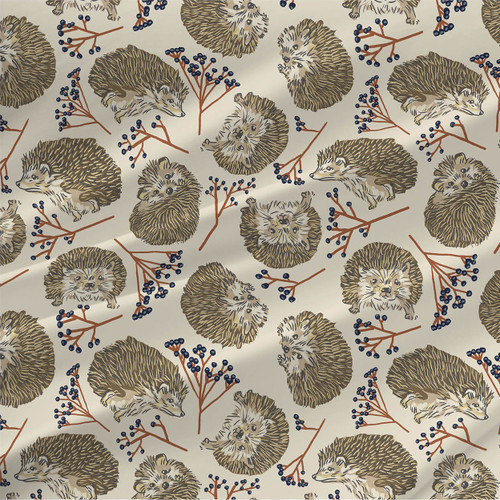Hedgehogs in Berries fabric with brown hedgehogs, navy berries, and warm brown branches on a light tan background