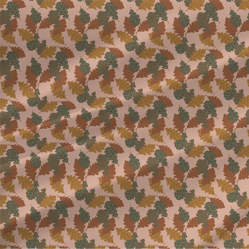 Oak Leaves fabric with rust, olive, golden brown, and deep teal oak leaves on a soft blush background