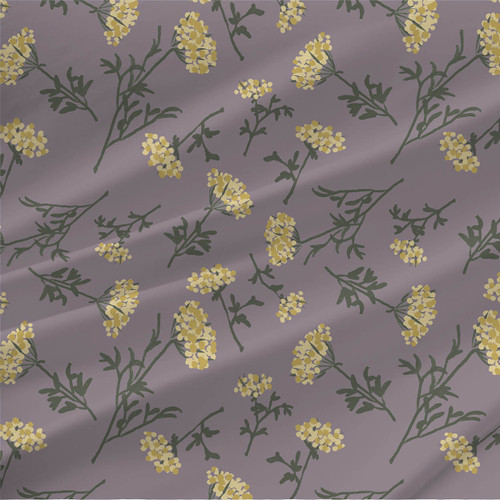 Queen Anns Lace floral fabric by the yard in Yellow and Purple colorway.