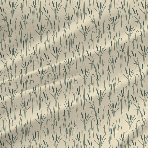 Cattails fabric with teal reeds and cattails on a light cream background