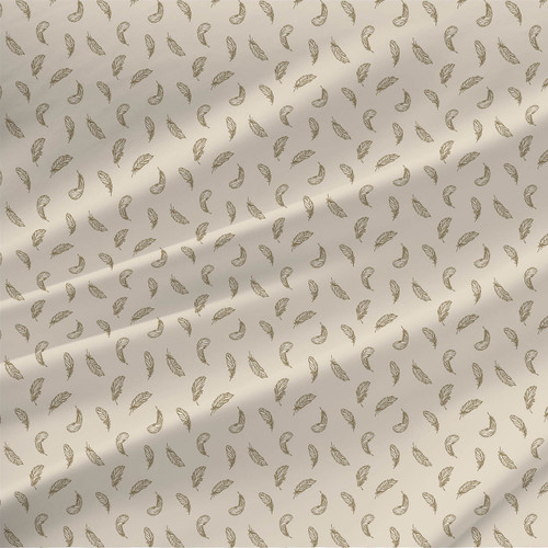 Duck Feathers fabric with small olive-brown feather linework on a warm off-white background