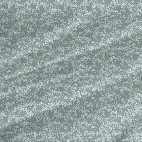 Duckweed botanical fabric with white leafy linework branches on a blue green background