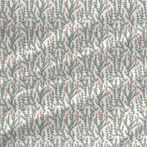 Pond Lillies botanical fabric with soft green leafy stems and peach coral blooms on an off-white background