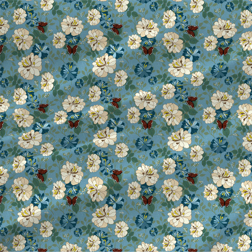River Walk Grande floral butterfly fabric with cream and blue flowers, green leaves, and rust butterflies on a blue background