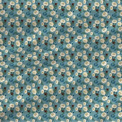 River Walk floral butterfly fabric with cream and blue flowers, green leaves, and rust butterflies on a blue background