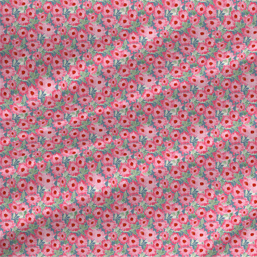 Whispering Meadow floral fabric by the yard with bright pink meadow flowers and soft green leaves on a muted blue ground