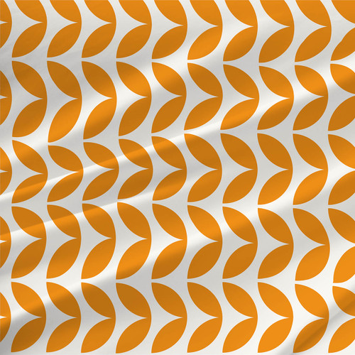 Foliage Fiesta geometric botanical fabric by the yard with golden orange leaf shapes on white