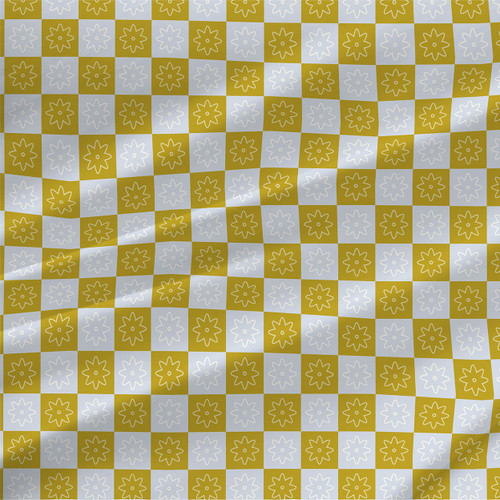 Floral Check geometric floral fabric by the yard with white flower outlines on an olive and pale blue check ground