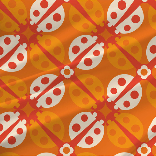 Botanic Beats geometric novelty fabric by the yard with orange, coral, and cream ladybug motifs on orange