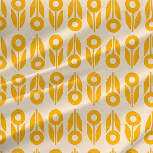 Bloom Stalks geometric floral fabric by the yard with golden yellow flower and leaf shapes on cream
