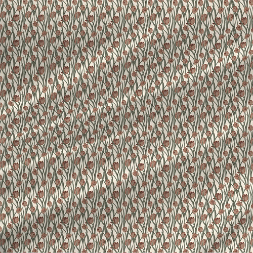 Scrolling Tulips floral fabric by the yard with dusty rose tulips and deep olive stems on a soft cream ground