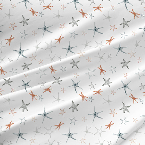Starfish coastal fabric by the yard with terracotta, pale blue, gray, and soft yellow starfish on white