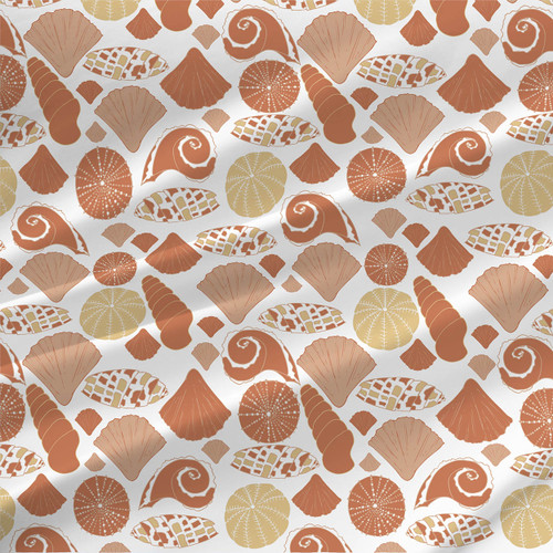 Seashells coastal fabric by the yard with terracotta, peach, and yellow shell shapes on white