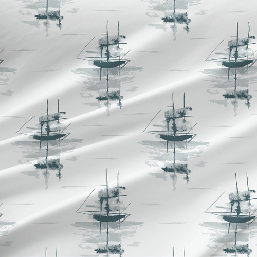 Sailboat nautical fabric by the yard with blue-gray watercolor sailboats on white
