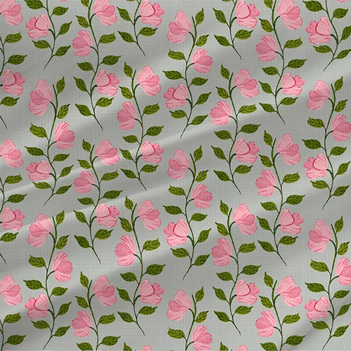 Cottage Vines floral fabric by the yard with trailing green vines, pink and peach blossoms, and Coastal Serenity, Farmers Market, and Maximalist colorways.