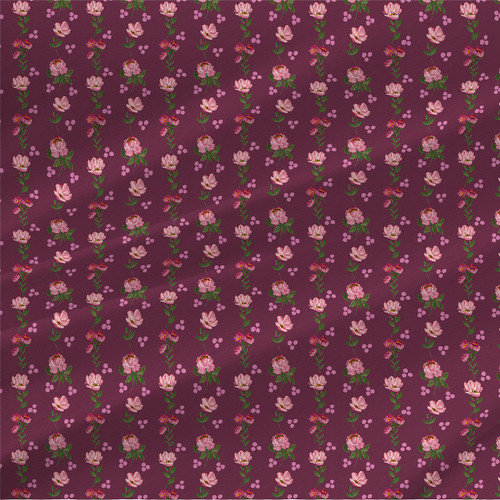 Field Springs floral fabric by the yard with upright flower sprigs, leafy stems, dot accents, and Coastal Serenity, Farmers Market, and Maximalist colorways.