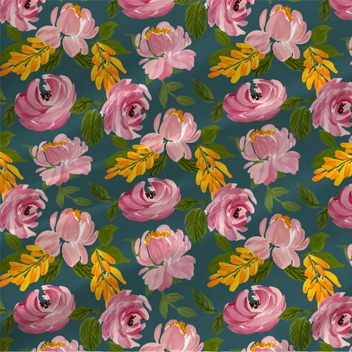 Painters Garden fabric by the yard with large painted pink flowers, leafy green branches, yellow botanical accents, and Coastal Serenity, Farmers Market, and Maximalist colorways.