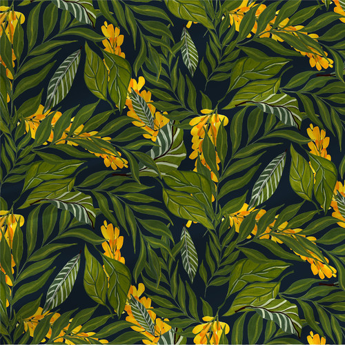 Verdant Trail fabric by the yard with tropical green leaves and golden yellow blooms in Coastal Serenity, Farmers Market, and Maximalist colorways.