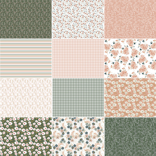 Victoria Blush fat quarter bundle with 12 coordinated floral, gingham, stripe, and botanical cotton quilt fabrics in blush, cream, sage green, coral, and muted blue tones.