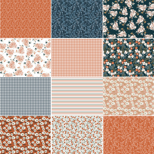 Victoria Persimmon fat quarter bundle with 12 coordinated floral, gingham, stripe, and botanical cotton quilt fabrics in persimmon, cream, peach, teal, and blue-green tones.