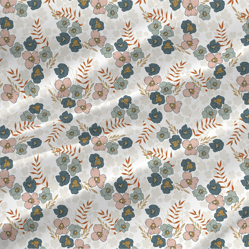 Victoria Garden in Blush - Clean white ground with petal-blush bouquets, muted teal leaves, and warm terracotta sprigs.